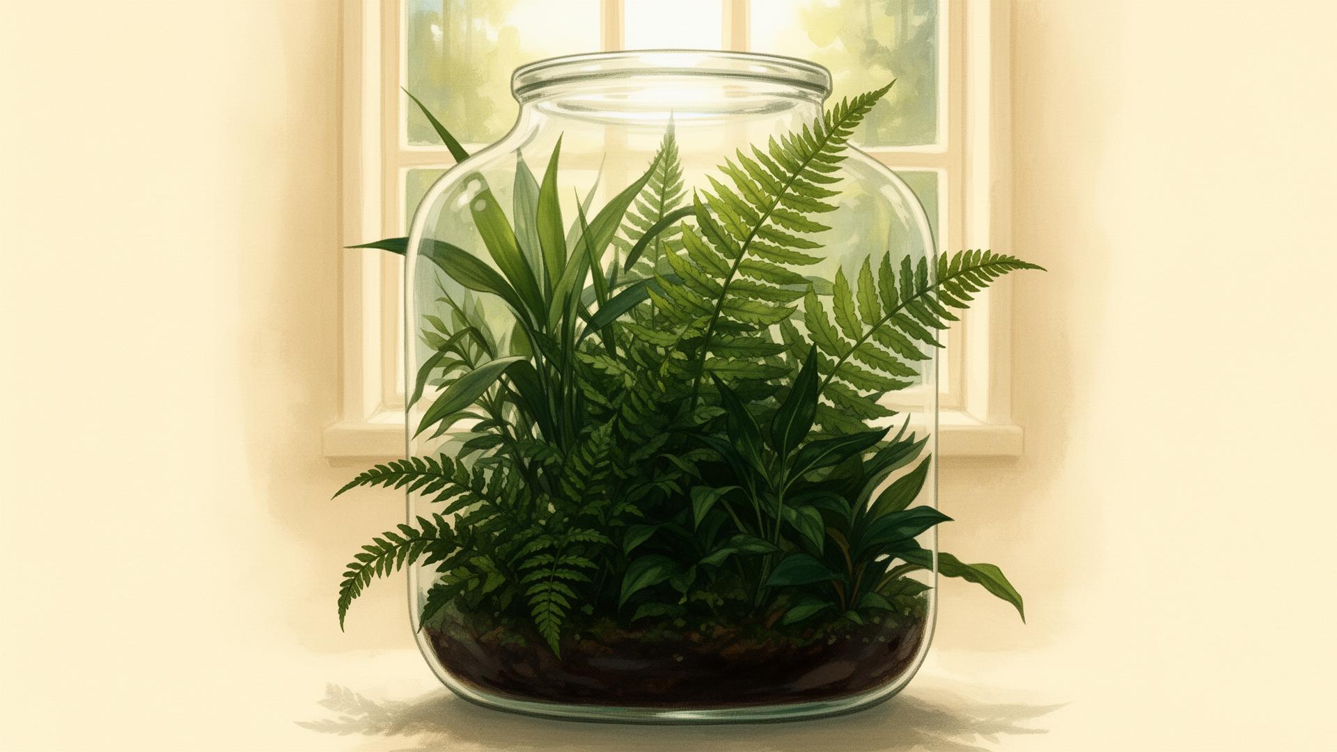 Terrario in vetro con felci e piante tropicali, illustrazione editoriale